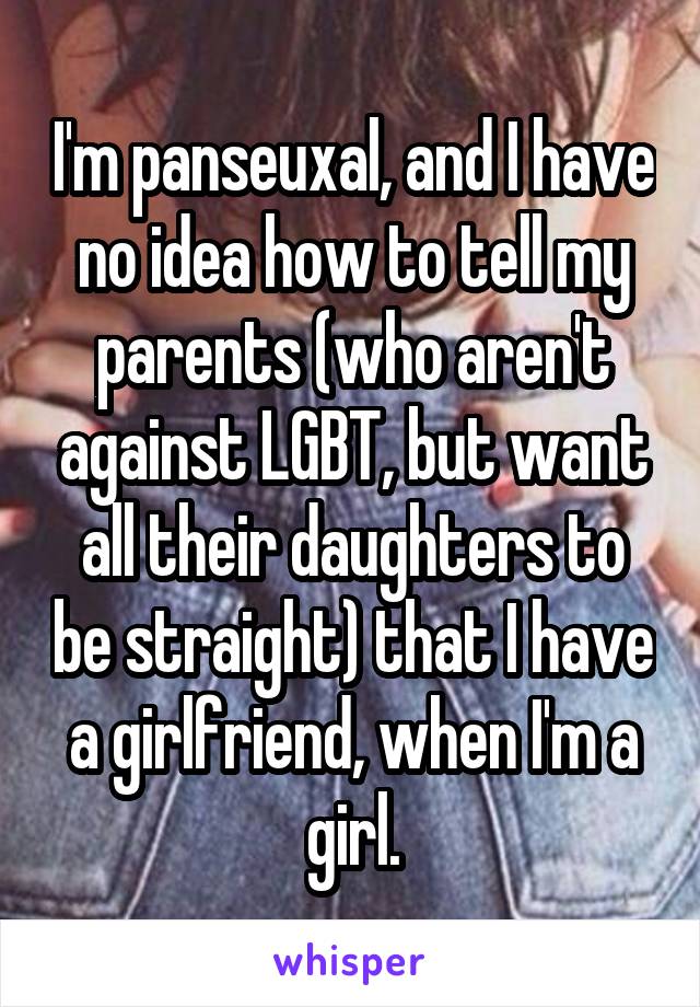 I'm panseuxal, and I have no idea how to tell my parents (who aren't against LGBT, but want all their daughters to be straight) that I have a girlfriend, when I'm a girl.