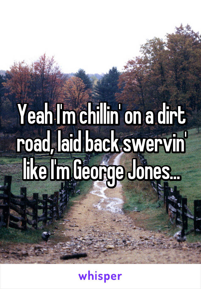 Yeah I'm chillin' on a dirt road, laid back swervin' like I'm George Jones...