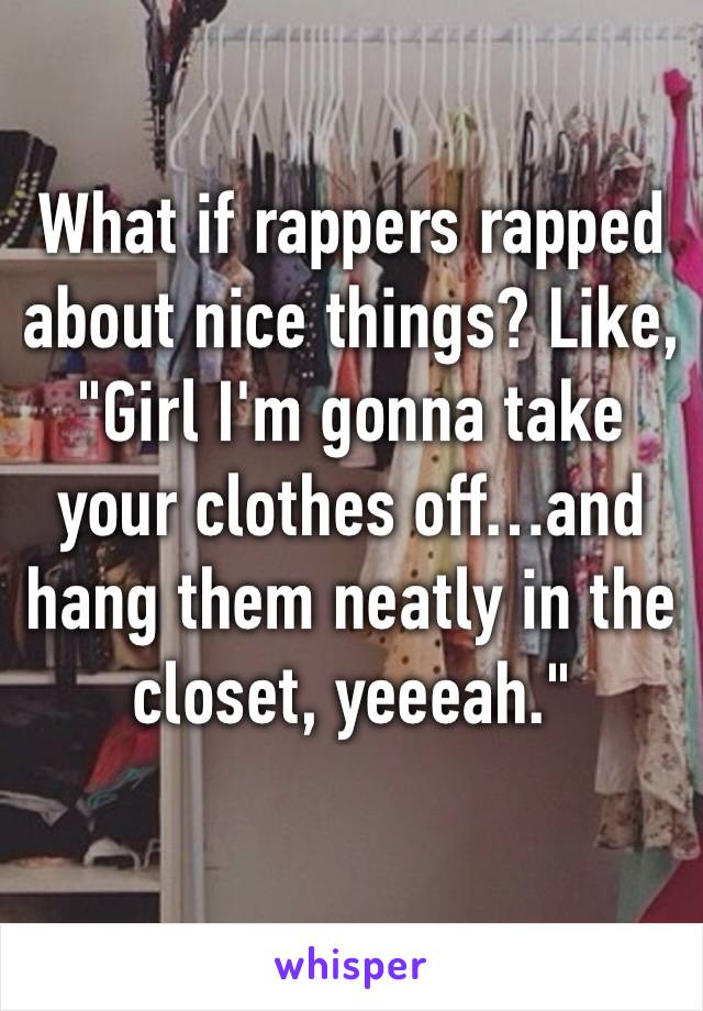 What if rappers rapped about nice things? Like, "Girl I'm gonna take your clothes off…and hang them neatly in the closet, yeeeah."