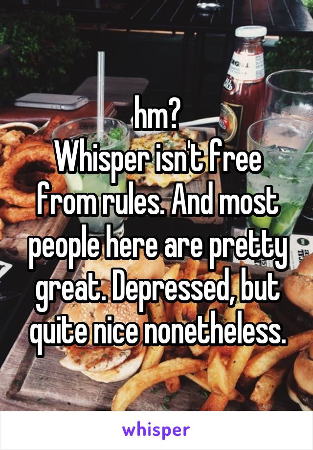 hm?
Whisper isn't free from rules. And most people here are pretty great. Depressed, but quite nice nonetheless.
