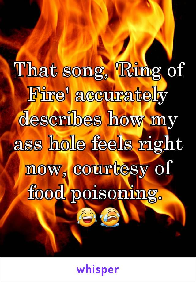 That song, 'Ring of Fire' accurately describes how my ass hole feels right now, courtesy of food poisoning. 
😂😭