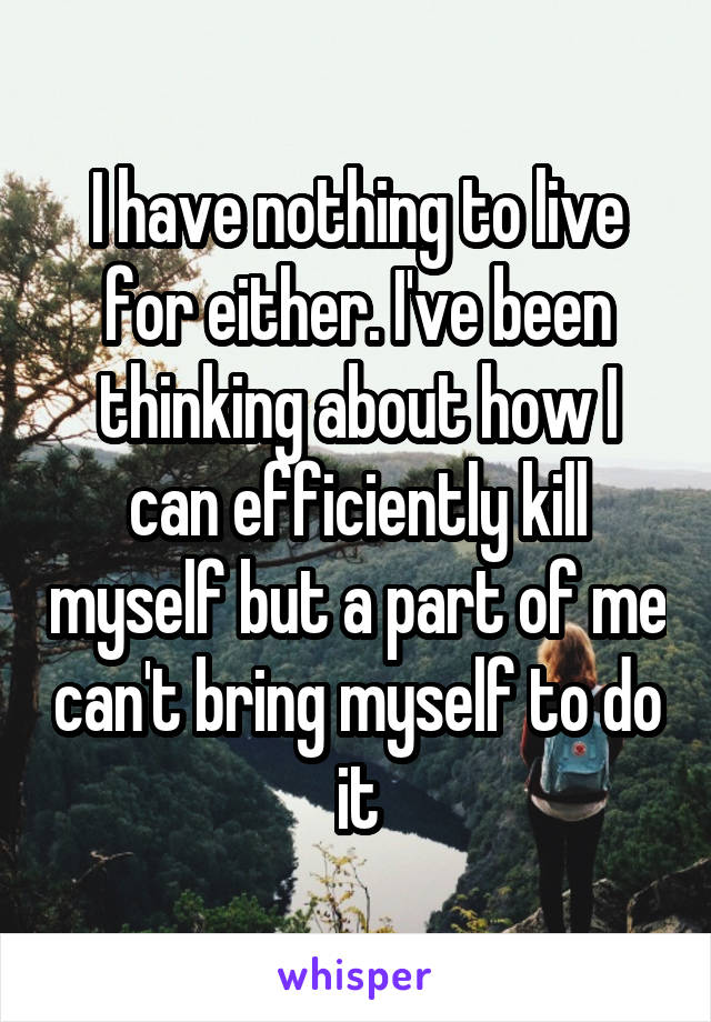 I have nothing to live for either. I've been thinking about how I can efficiently kill myself but a part of me can't bring myself to do it