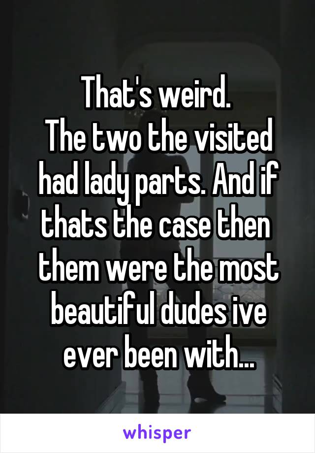 That's weird. 
The two the visited had lady parts. And if thats the case then 
them were the most beautiful dudes ive ever been with...