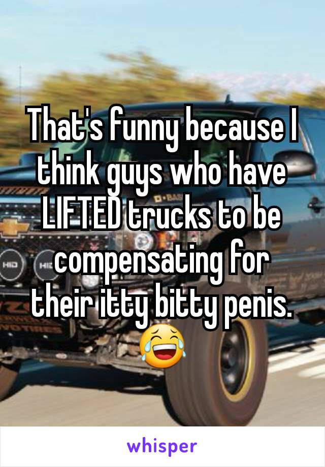 That's funny because I think guys who have LIFTED trucks to be compensating for their itty bitty penis. 😂