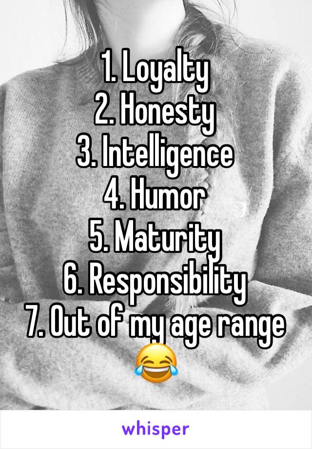 1. Loyalty
2. Honesty
3. Intelligence
4. Humor
5. Maturity
6. Responsibility
7. Out of my age range 😂