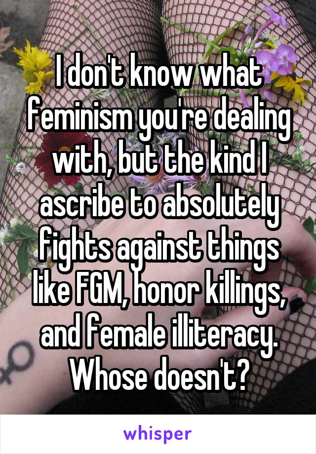 I don't know what feminism you're dealing with, but the kind I ascribe to absolutely fights against things like FGM, honor killings, and female illiteracy. Whose doesn't?