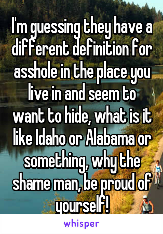 I'm guessing they have a different definition for asshole in the place you live in and seem to want to hide, what is it like Idaho or Alabama or something, why the shame man, be proud of yourself!