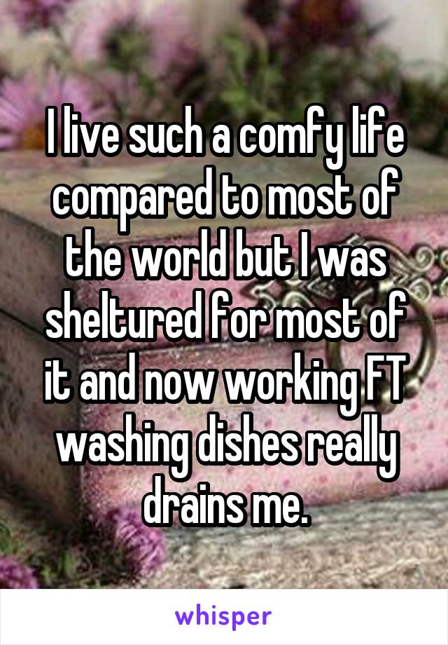 I live such a comfy life compared to most of the world but I was sheltured for most of it and now working FT washing dishes really drains me.