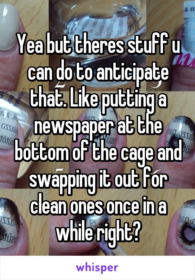 Yea but theres stuff u can do to anticipate that. Like putting a newspaper at the bottom of the cage and swapping it out for clean ones once in a while right?
