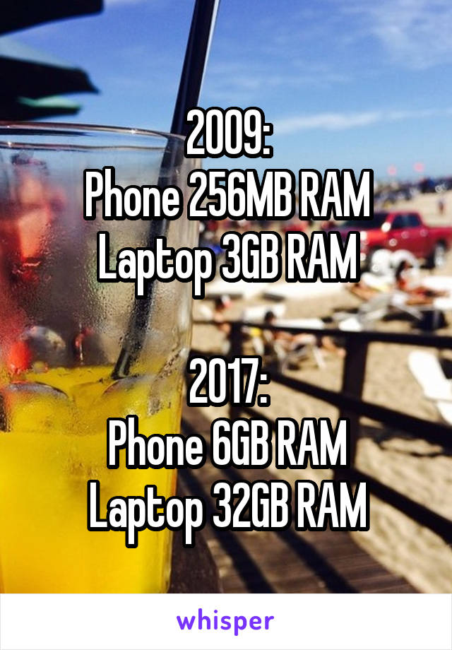 2009:
Phone 256MB RAM
Laptop 3GB RAM

2017:
Phone 6GB RAM
Laptop 32GB RAM