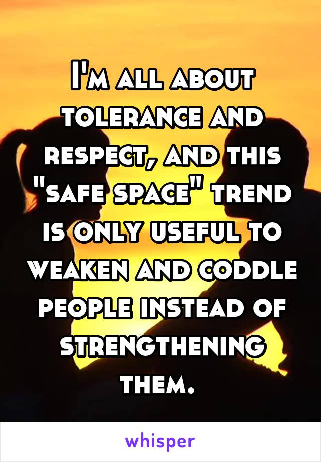 I'm all about tolerance and respect, and this "safe space" trend is only useful to weaken and coddle people instead of strengthening them. 