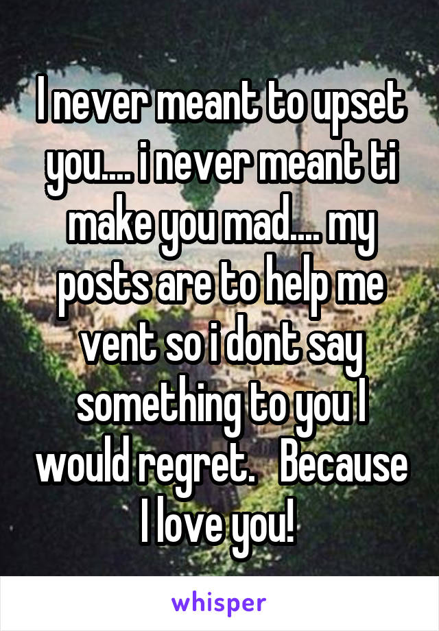 I never meant to upset you.... i never meant ti make you mad.... my posts are to help me vent so i dont say something to you I would regret.   Because I love you! 