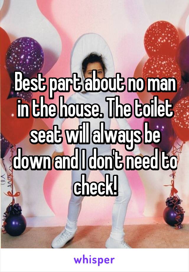 Best part about no man in the house. The toilet seat will always be down and I don't need to check!
