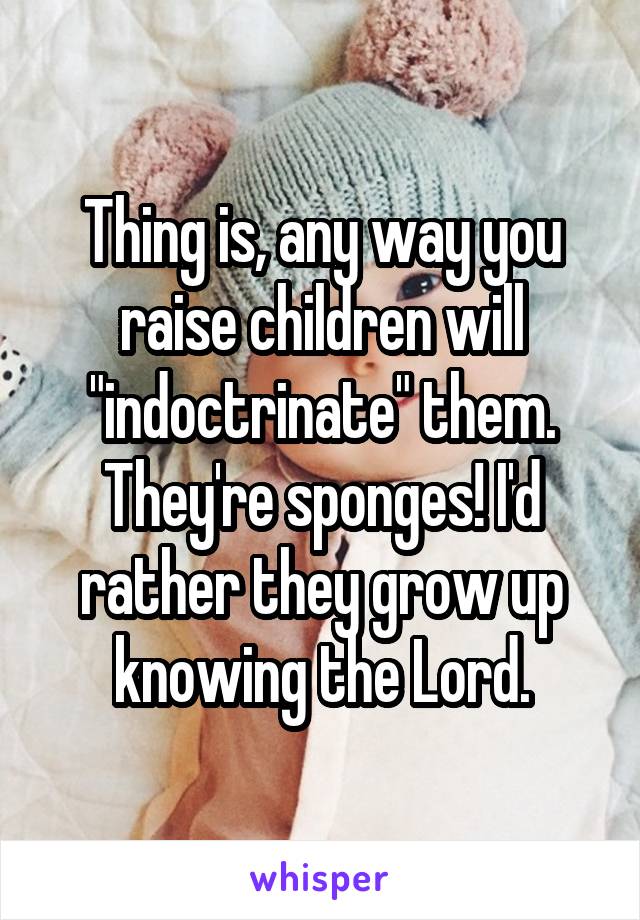 Thing is, any way you raise children will "indoctrinate" them. They're sponges! I'd rather they grow up knowing the Lord.