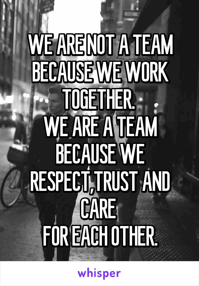 WE ARE NOT A TEAM BECAUSE WE WORK TOGETHER. 
WE ARE A TEAM BECAUSE WE RESPECT,TRUST AND CARE 
FOR EACH OTHER.