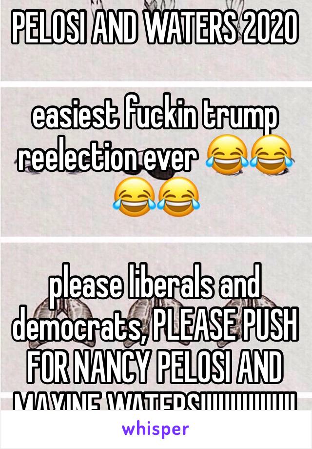PELOSI AND WATERS 2020

easiest fuckin trump reelection ever 😂😂😂😂

please liberals and democrats, PLEASE PUSH FOR NANCY PELOSI AND MAXINE WATERS!!!!!!!!!!!!!!!!