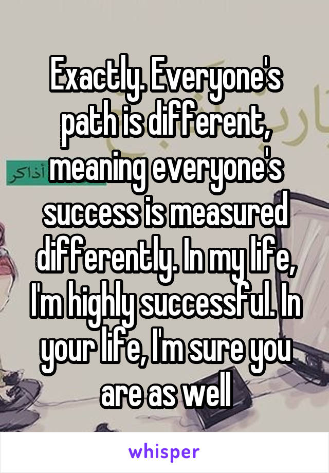 Exactly. Everyone's path is different, meaning everyone's success is measured differently. In my life, I'm highly successful. In your life, I'm sure you are as well
