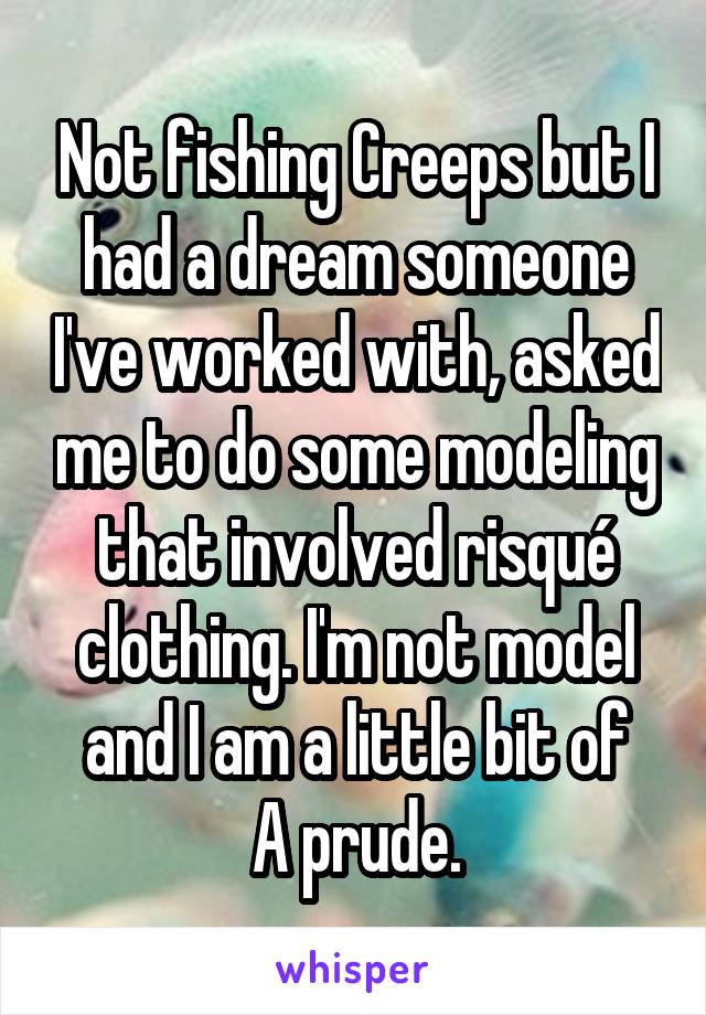 Not fishing Creeps but I had a dream someone I've worked with, asked me to do some modeling that involved risqué clothing. I'm not model and I am a little bit of
A prude.