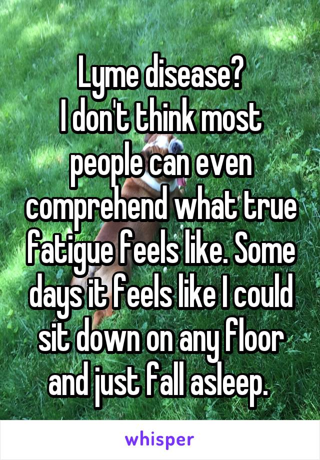 Lyme disease?
I don't think most people can even comprehend what true fatigue feels like. Some days it feels like I could sit down on any floor and just fall asleep. 
