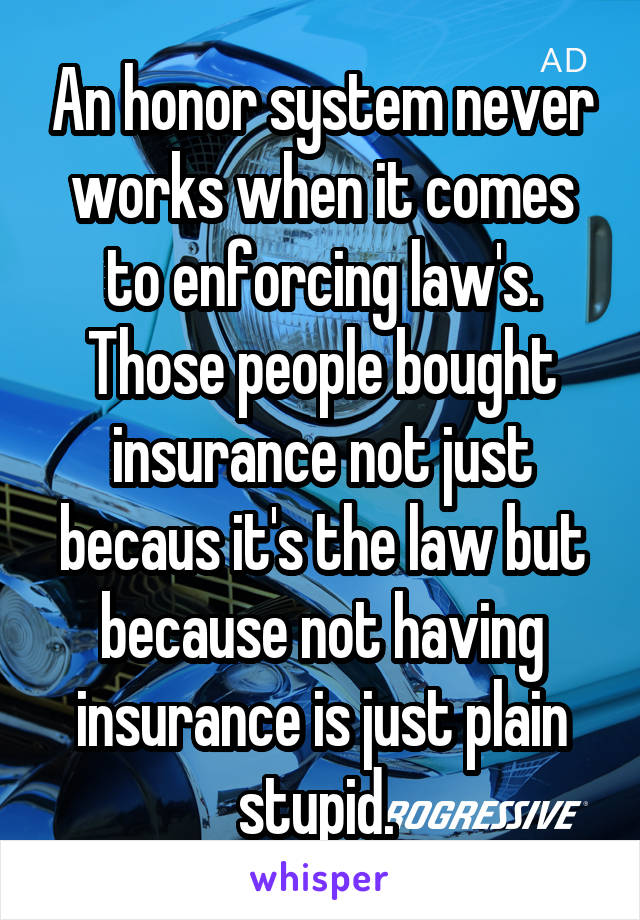 An honor system never works when it comes to enforcing law's.
Those people bought insurance not just becaus it's the law but because not having insurance is just plain stupid. 