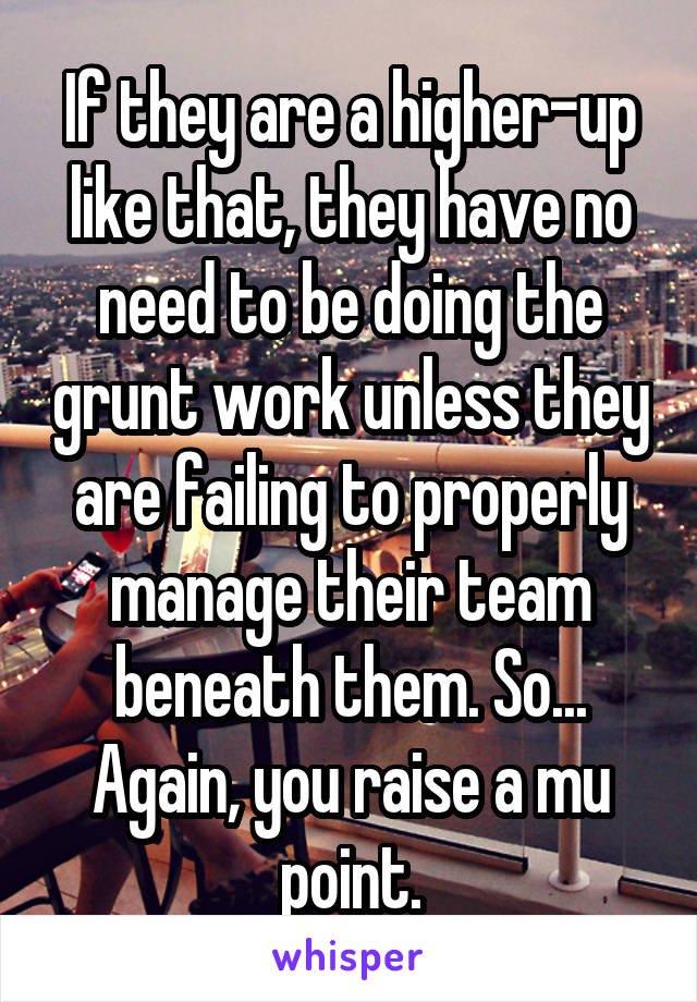 If they are a higher-up like that, they have no need to be doing the grunt work unless they are failing to properly manage their team beneath them. So... Again, you raise a mu point.