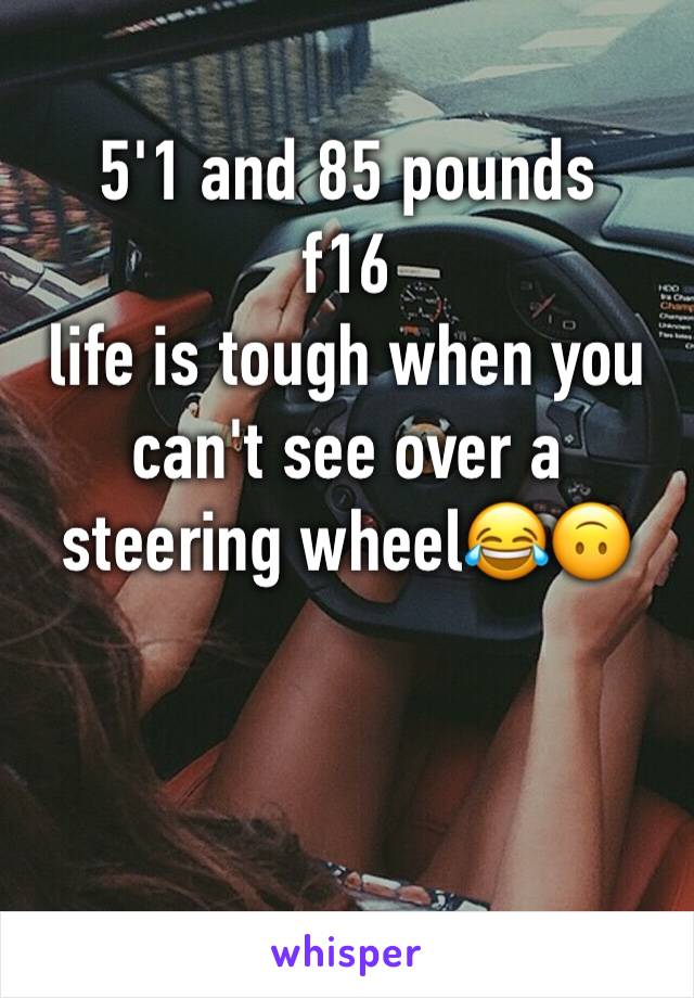 5'1 and 85 pounds
f16
life is tough when you can't see over a steering wheel😂🙃



