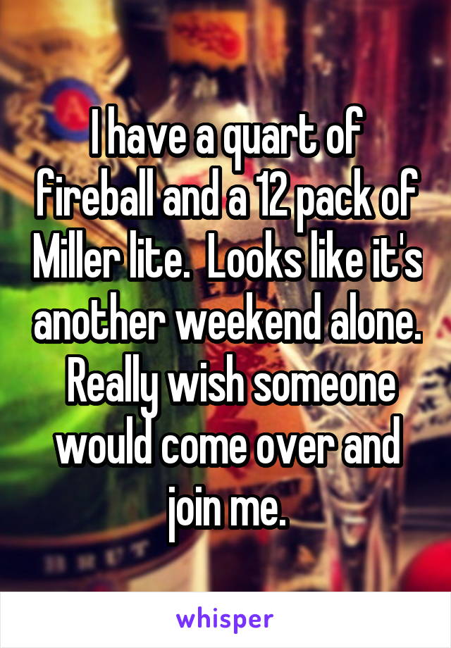 I have a quart of fireball and a 12 pack of Miller lite.  Looks like it's another weekend alone.  Really wish someone would come over and join me.