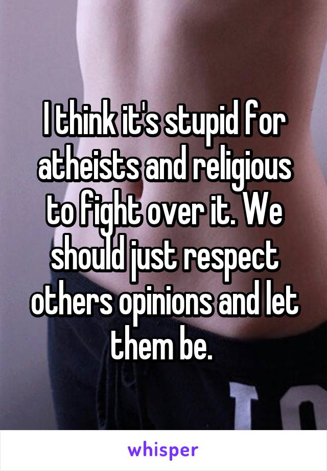 I think it's stupid for atheists and religious to fight over it. We should just respect others opinions and let them be. 