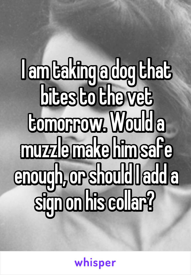 I am taking a dog that bites to the vet tomorrow. Would a muzzle make him safe enough, or should I add a sign on his collar? 