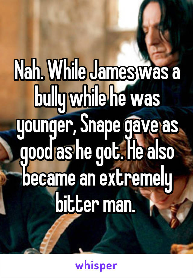 Nah. While James was a bully while he was younger, Snape gave as good as he got. He also became an extremely bitter man. 