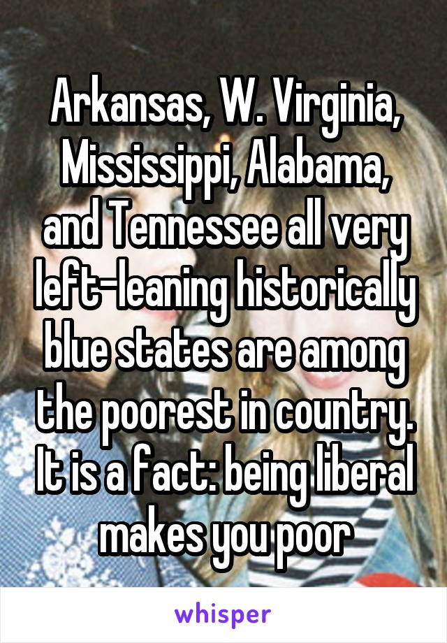 Arkansas, W. Virginia, Mississippi, Alabama, and Tennessee all very left-leaning historically blue states are among the poorest in country. It is a fact: being liberal makes you poor