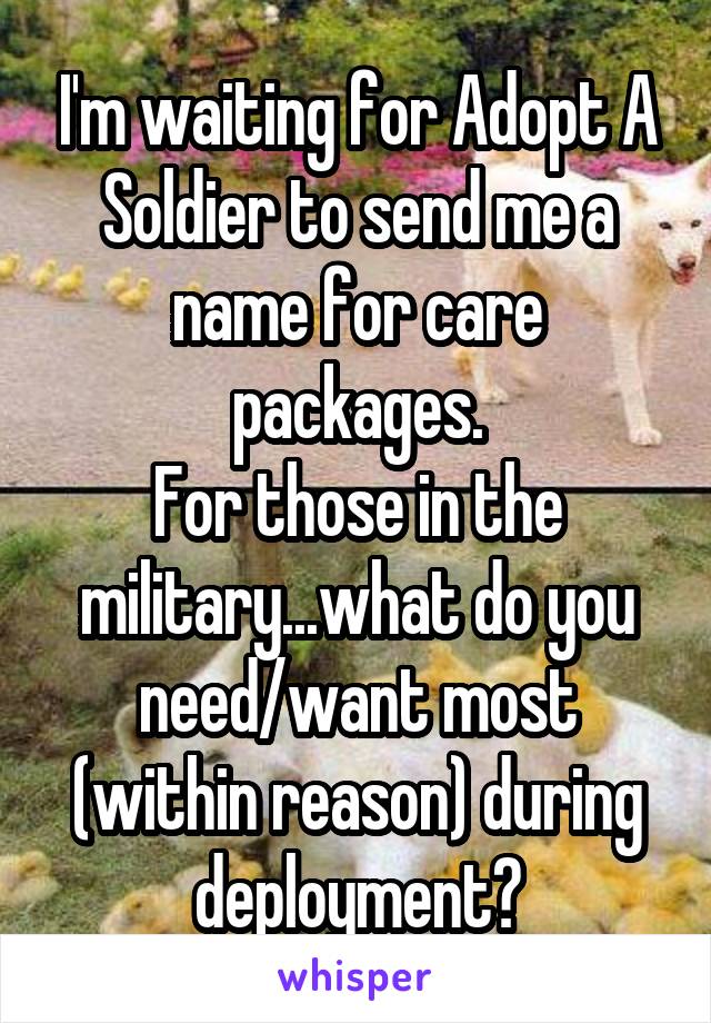 I'm waiting for Adopt A Soldier to send me a name for care packages.
For those in the military...what do you need/want most (within reason) during deployment?