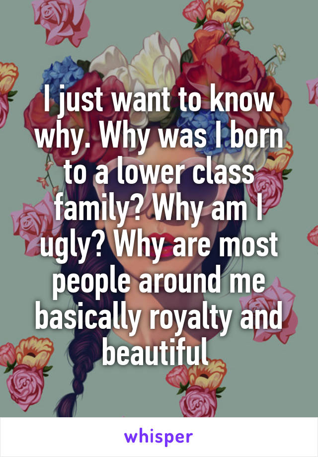 I just want to know why. Why was I born to a lower class family? Why am I ugly? Why are most people around me basically royalty and beautiful 
