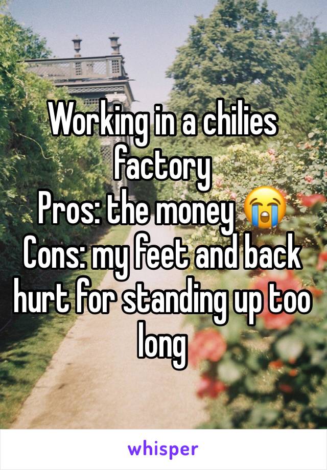 Working in a chilies factory 
Pros: the money 😭 
Cons: my feet and back hurt for standing up too long 