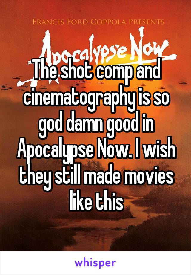 The shot comp and cinematography is so god damn good in Apocalypse Now. I wish they still made movies like this