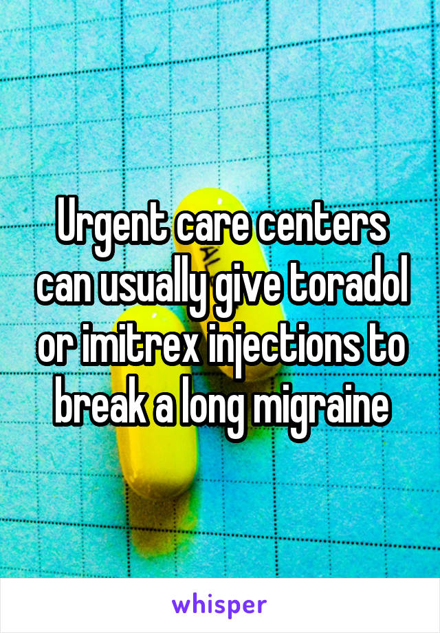 Urgent care centers can usually give toradol or imitrex injections to break a long migraine