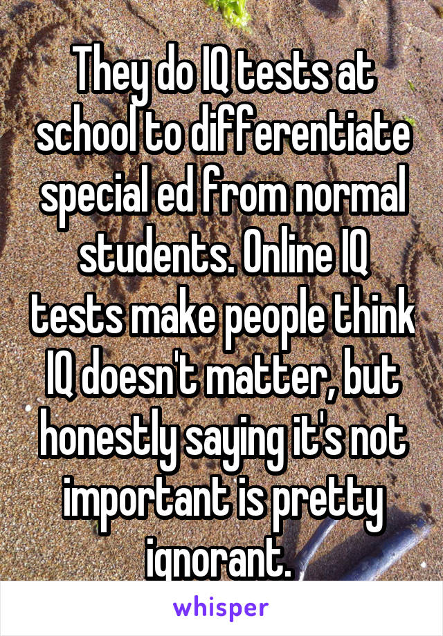 They do IQ tests at school to differentiate special ed from normal students. Online IQ tests make people think IQ doesn't matter, but honestly saying it's not important is pretty ignorant. 