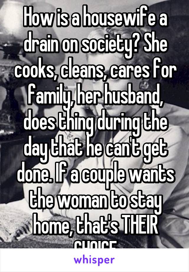 How is a housewife a drain on society? She cooks, cleans, cares for family, her husband, does thing during the day that he can't get done. If a couple wants the woman to stay home, that's THEIR CHOICE