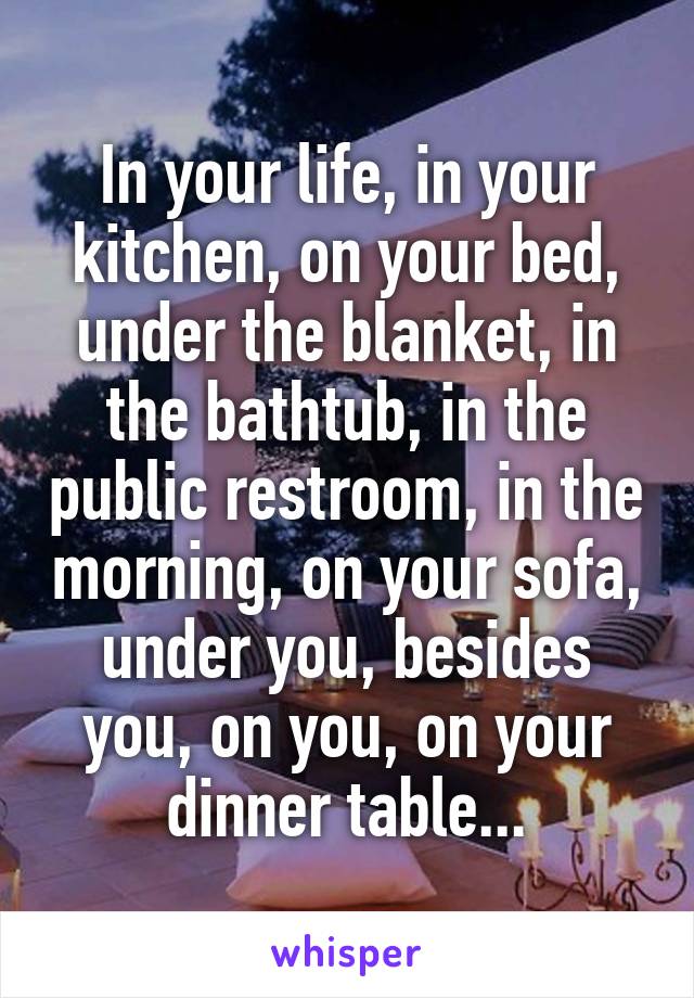 In your life, in your kitchen, on your bed, under the blanket, in the bathtub, in the public restroom, in the morning, on your sofa, under you, besides you, on you, on your dinner table...