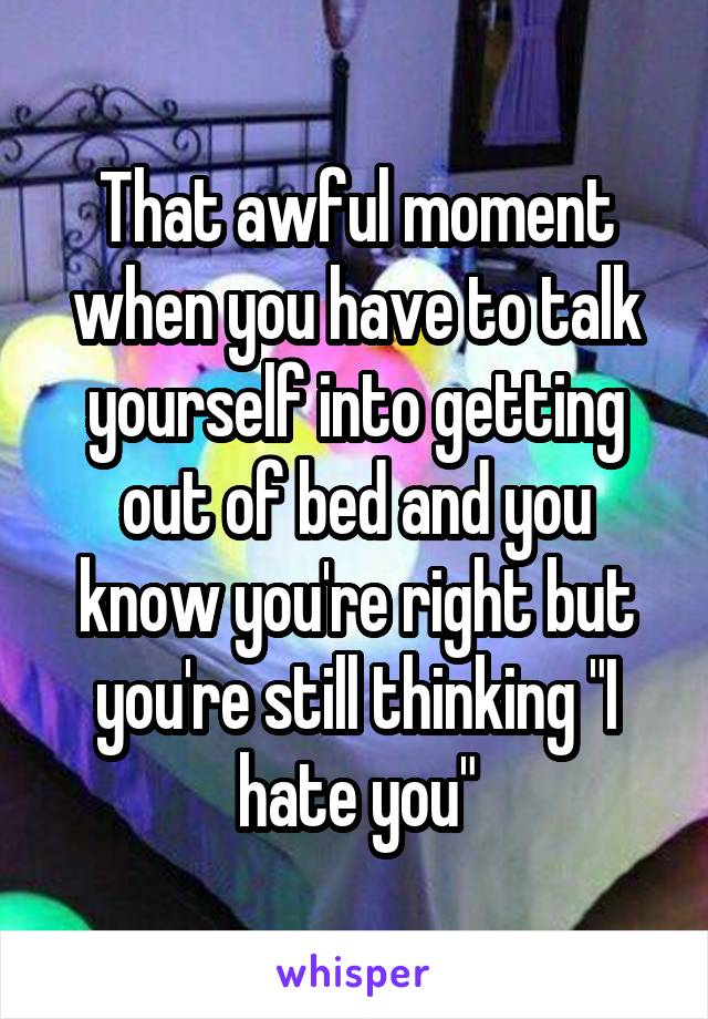 That awful moment when you have to talk yourself into getting out of bed and you know you're right but you're still thinking "I hate you"