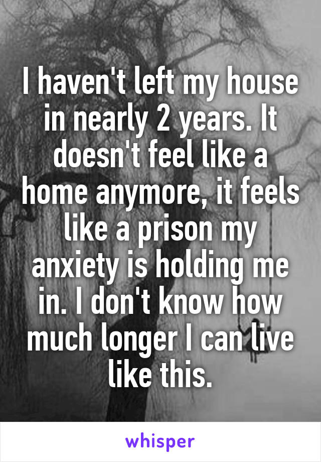 I haven't left my house in nearly 2 years. It doesn't feel like a home anymore, it feels like a prison my anxiety is holding me in. I don't know how much longer I can live like this.