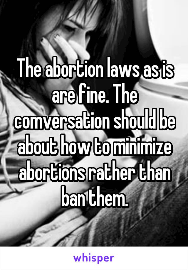 The abortion laws as is are fine. The comversation should be about how to minimize abortions rather than ban them.