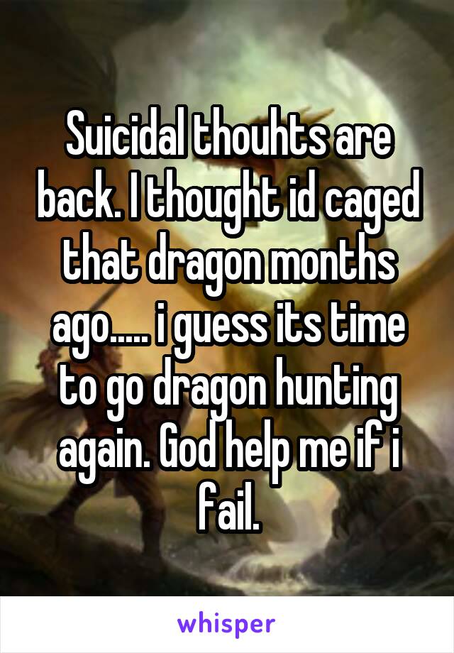 Suicidal thouhts are back. I thought id caged that dragon months ago..... i guess its time to go dragon hunting again. God help me if i fail.
