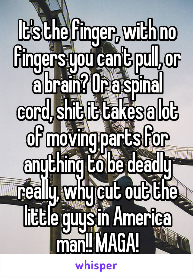 It's the finger, with no fingers you can't pull, or a brain? Or a spinal cord, shit it takes a lot of moving parts for anything to be deadly really, why cut out the little guys in America man!! MAGA!