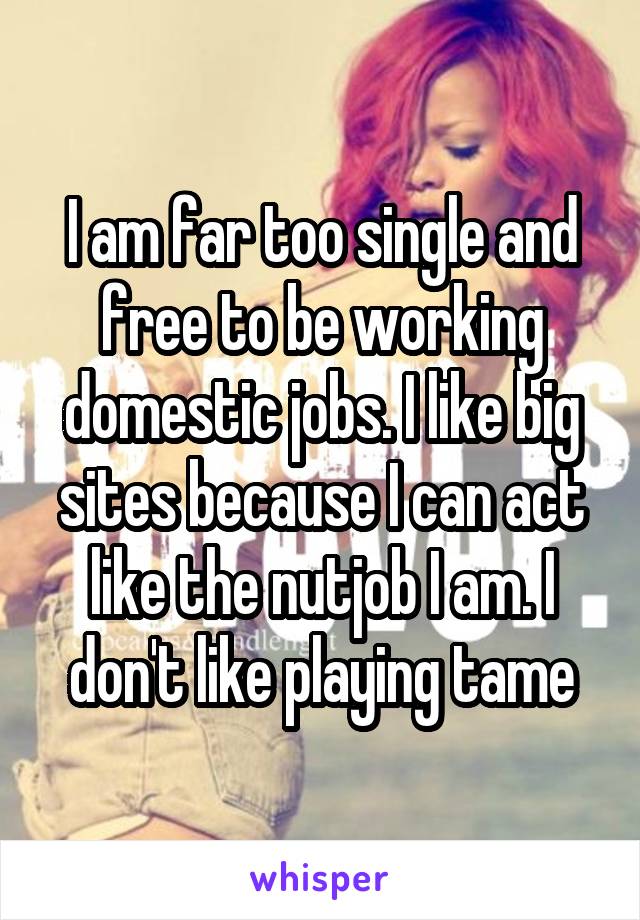 I am far too single and free to be working domestic jobs. I like big sites because I can act like the nutjob I am. I don't like playing tame