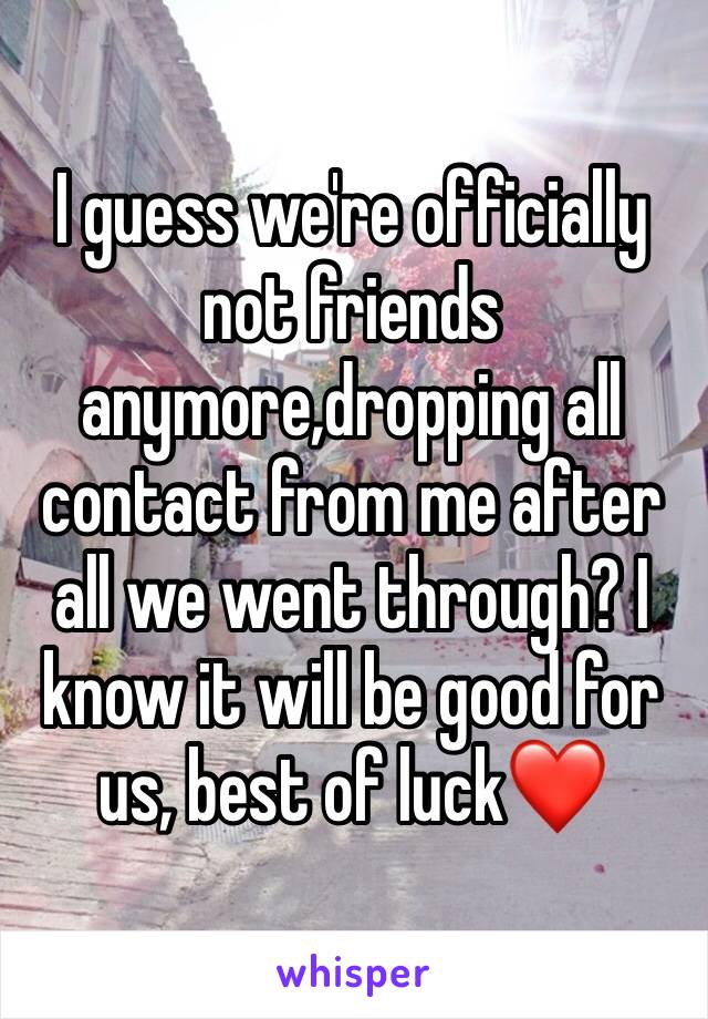 I guess we're officially not friends anymore,dropping all contact from me after all we went through? I know it will be good for us, best of luck❤️