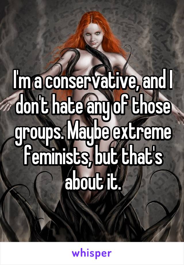 I'm a conservative, and I don't hate any of those groups. Maybe extreme feminists, but that's about it.