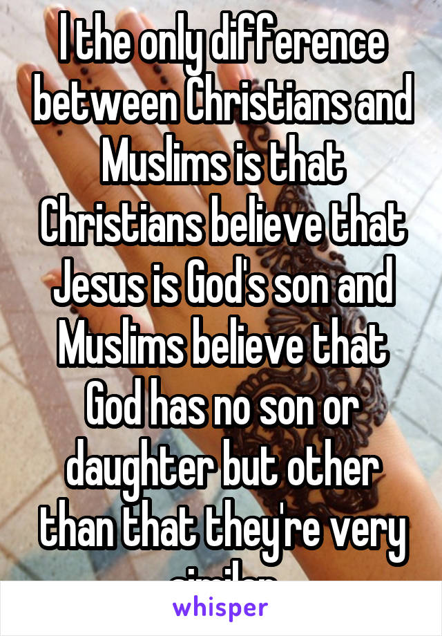 l the only difference between Christians and Muslims is that Christians believe that Jesus is God's son and Muslims believe that God has no son or daughter but other than that they're very similar