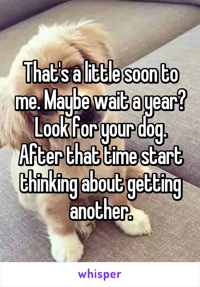 That's a little soon to me. Maybe wait a year? Look for your dog. After that time start thinking about getting another.