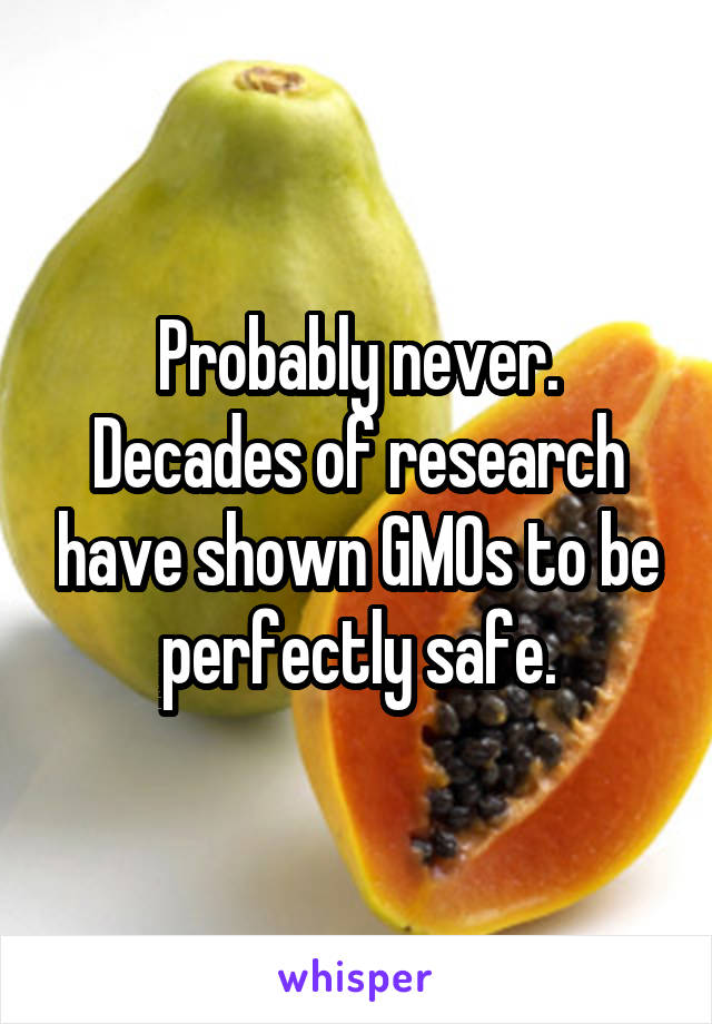 Probably never. Decades of research have shown GMOs to be perfectly safe.